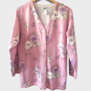 Vintage Gabriella T Floral Cardigan Pink Floral Merino Wool Made In Italy